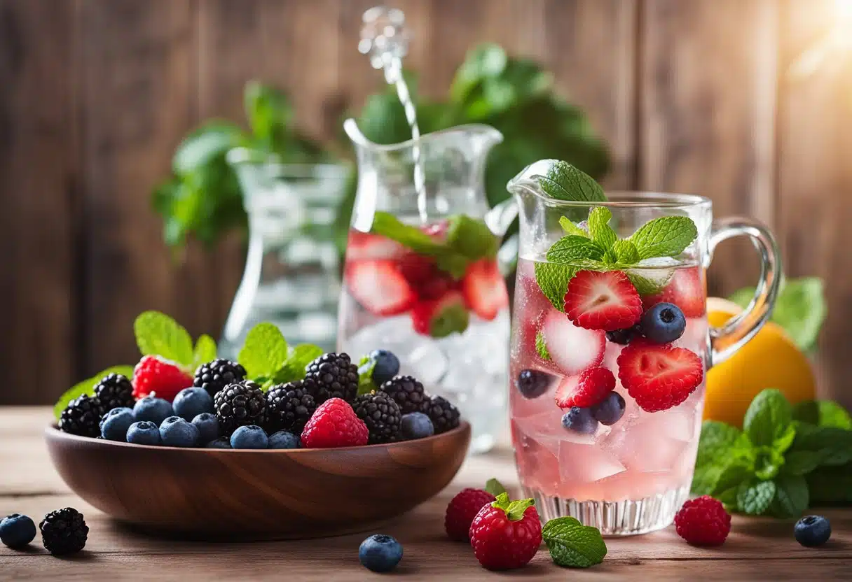 A pitcher filled with ice, fresh berries, mint leaves, and a bottle of sparkling water on a wooden table