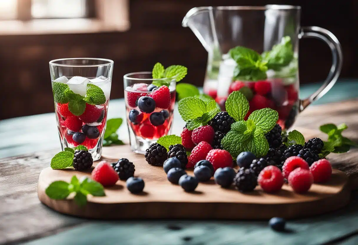 Fresh berries, ice, and mint leaves laid out on a wooden table. A pitcher and glasses ready for mixing