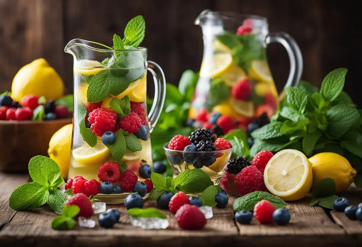 A glass pitcher filled with vibrant summer berries, mint leaves, and ice, surrounded by fresh lemons and limes, set on a rustic wooden table