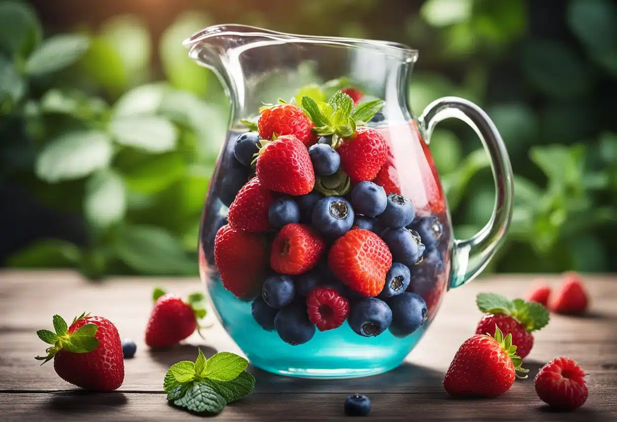 A glass pitcher filled with a vibrant mix of strawberries, blueberries, and raspberries, surrounded by fresh mint leaves and ice cubes