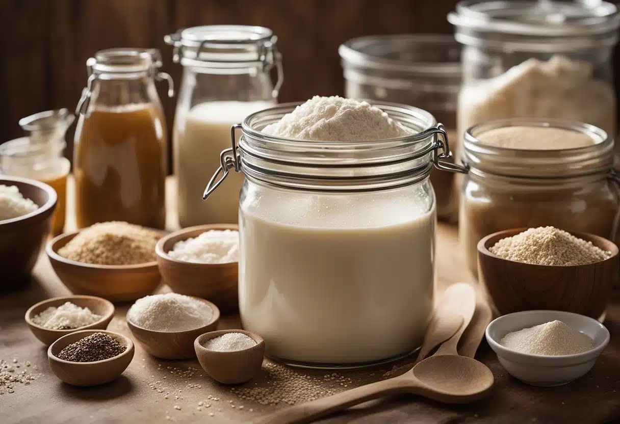 A rustic kitchen counter cluttered with bowls, jars, and a sourdough starter discard. Ingredients and utensils lay ready for creating sourdough discard recipes