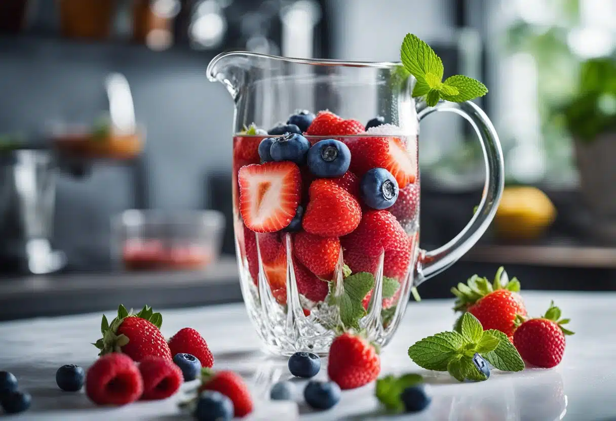 A glass pitcher filled with a vibrant mix of fresh strawberries, blueberries, and raspberries, surrounded by ice cubes and mint leaves