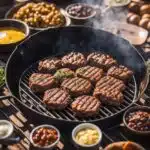 A platter of grilled ground beef patties with fresh summer vegetables.