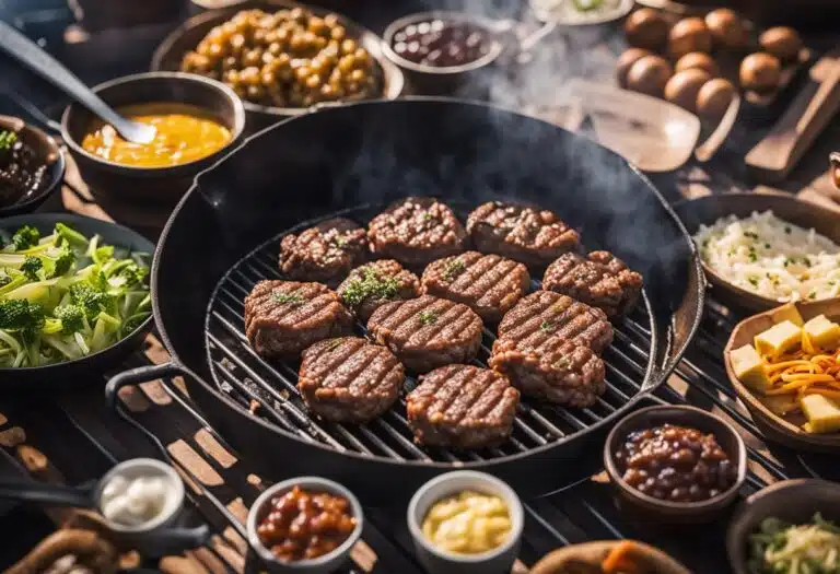 A platter of grilled ground beef patties with fresh summer vegetables.