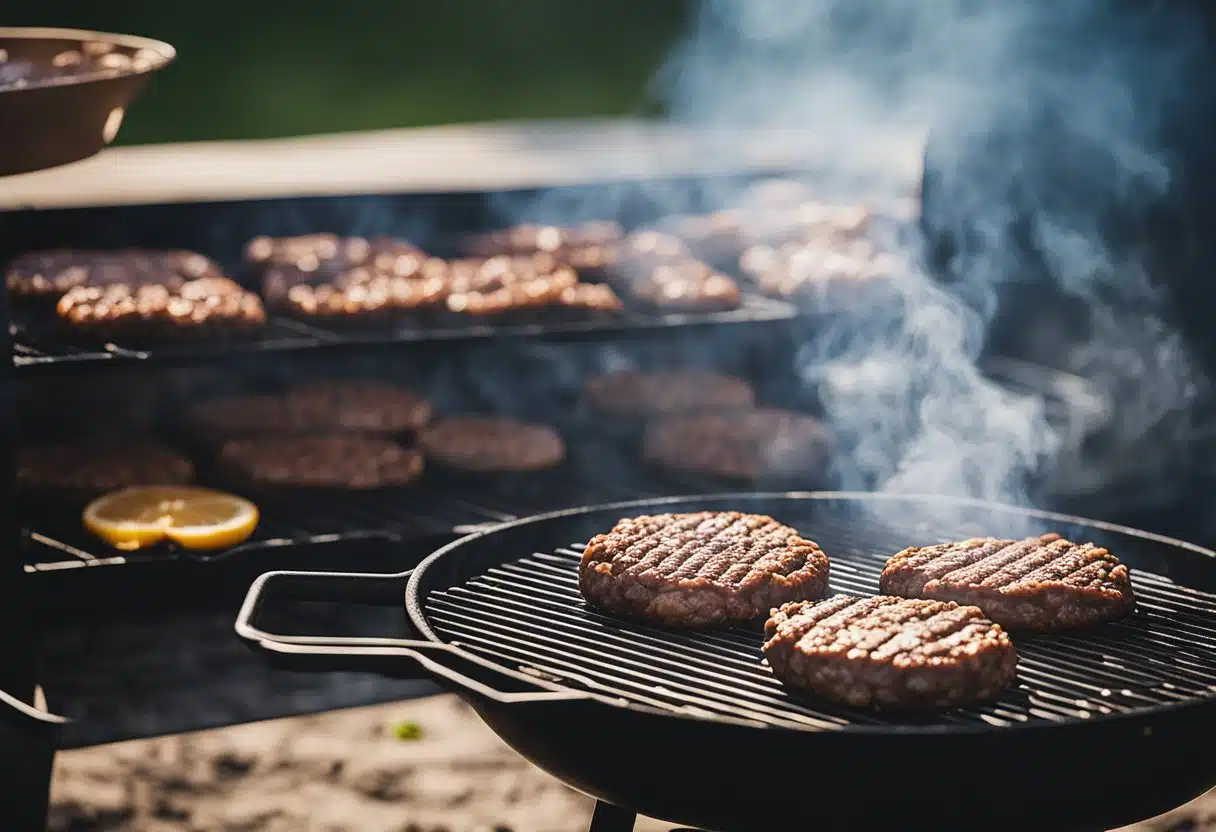 Ground beef sizzling on a hot grill, smoke rising as it cooks. Grill marks forming on the meat, with a spatula flipping it over. Sun shining in the background, creating a warm summer atmosphere