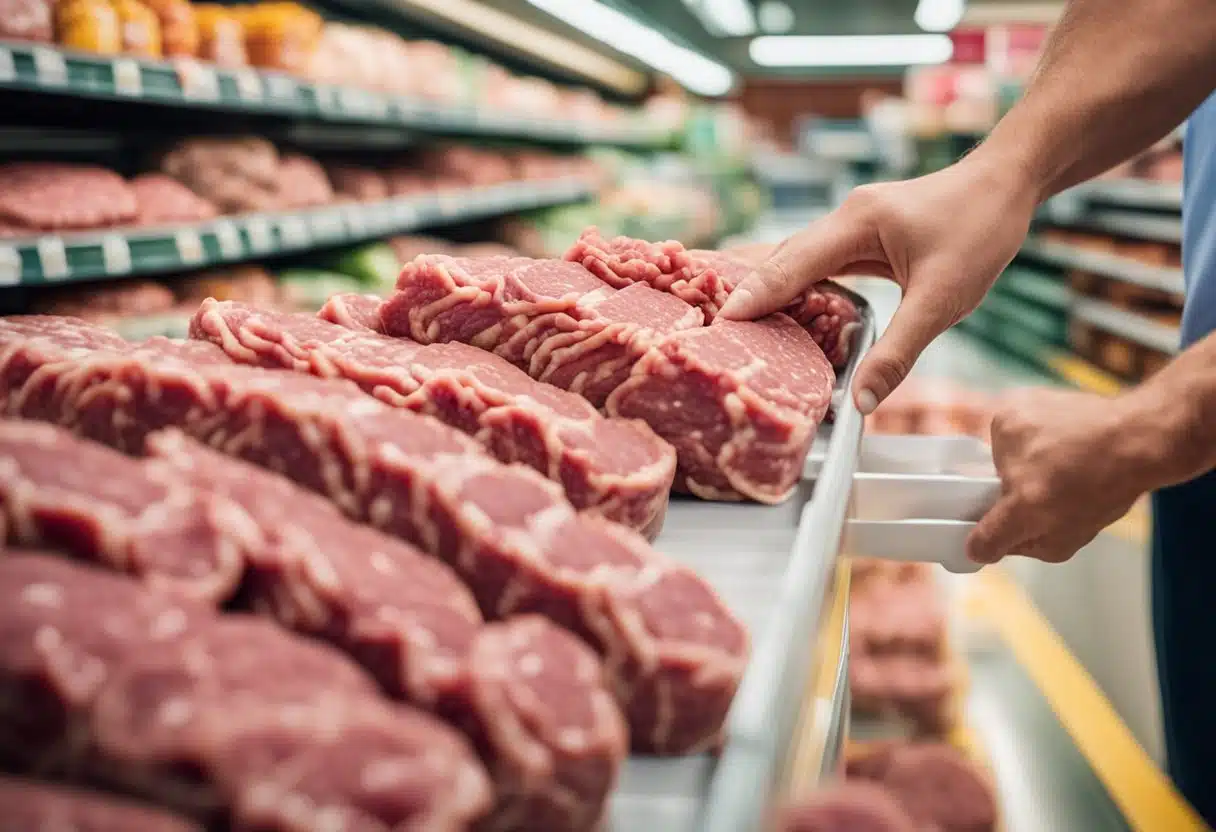 A hand reaching for a package of ground beef in a grocery store meat section, with various summer recipe ingredients in the background