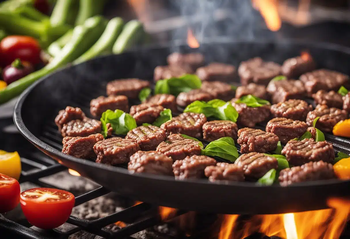 Juicy ground beef sizzling on a hot grill, surrounded by colorful vegetables and spices, with the sun shining overhead