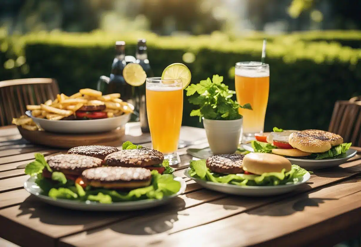 A table set with grilled burgers and refreshing drinks. Sunlight filters through green leaves, creating a relaxed summer atmosphere