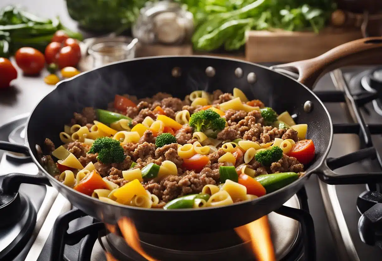 A sizzling skillet of ground beef with colorful summer vegetables being stirred in. A large pot of pasta boiling on the stove, while savory aromas fill the air