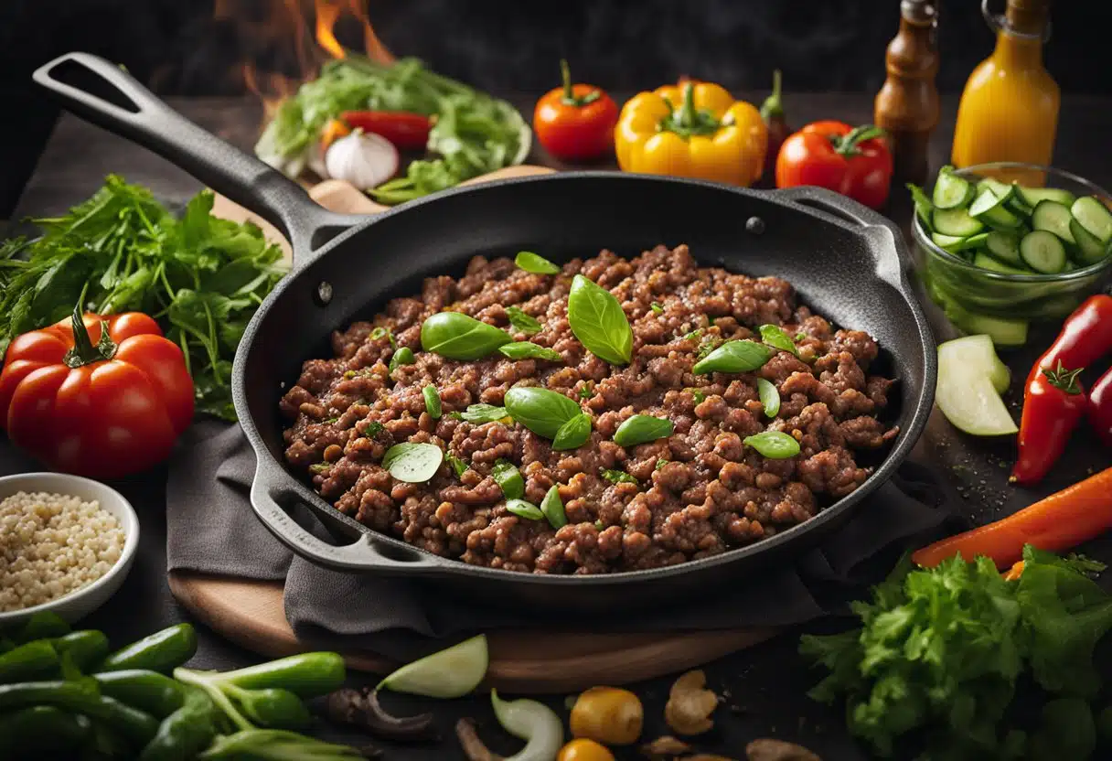 A sizzling skillet of ground beef cooks over an open flame, surrounded by fresh summer vegetables and herbs