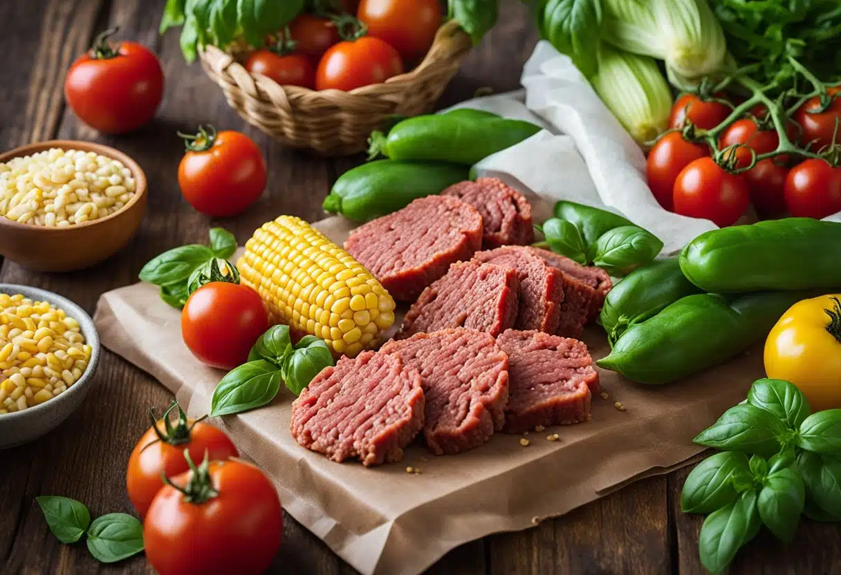 Fresh tomatoes, corn, and basil sit next to a package of ground beef, showcasing seasonal ingredients for summer recipes