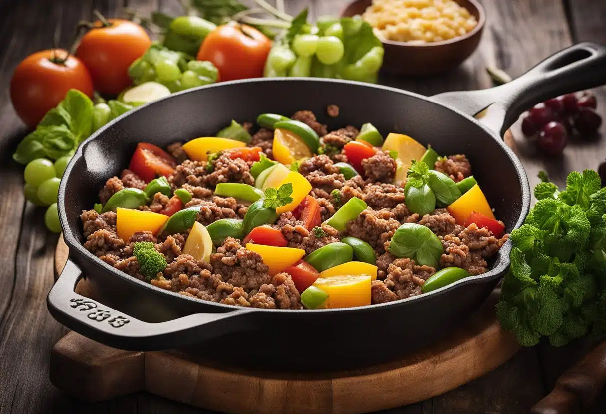 A sizzling skillet with various ground beef dishes, surrounded by summer fruits and vegetables