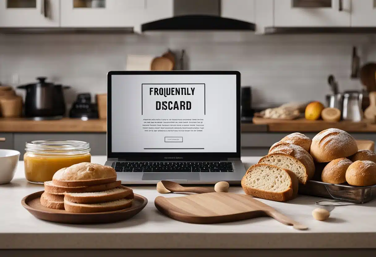 A table with various baked goods and a jar of sourdough discard, surrounded by ingredients and kitchen utensils. A laptop open to a webpage titled "Frequently Asked Questions sourdough discard recipes" is visible in the background