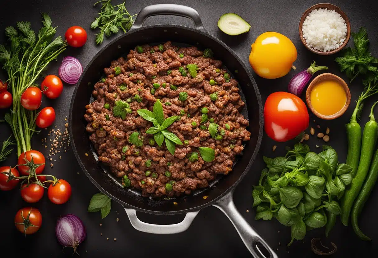 A sizzling skillet of ground beef cooks over a hot grill, surrounded by vibrant summer vegetables and herbs. The aroma of savory spices fills the air