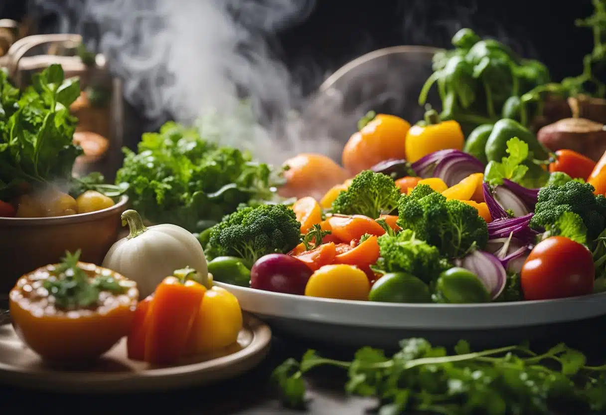 Fresh vegetables and herbs arranged around an Instant Pot, with steam rising from a dish of colorful summer stew