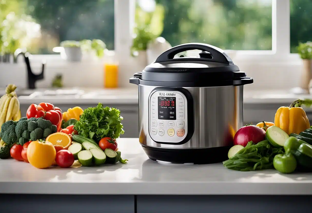 Fresh vegetables and fruits scattered around an open Instant Pot, steam rising from a delicious summer dish. Sunlight streaming in through a nearby window, highlighting the vibrant colors of the ingredients