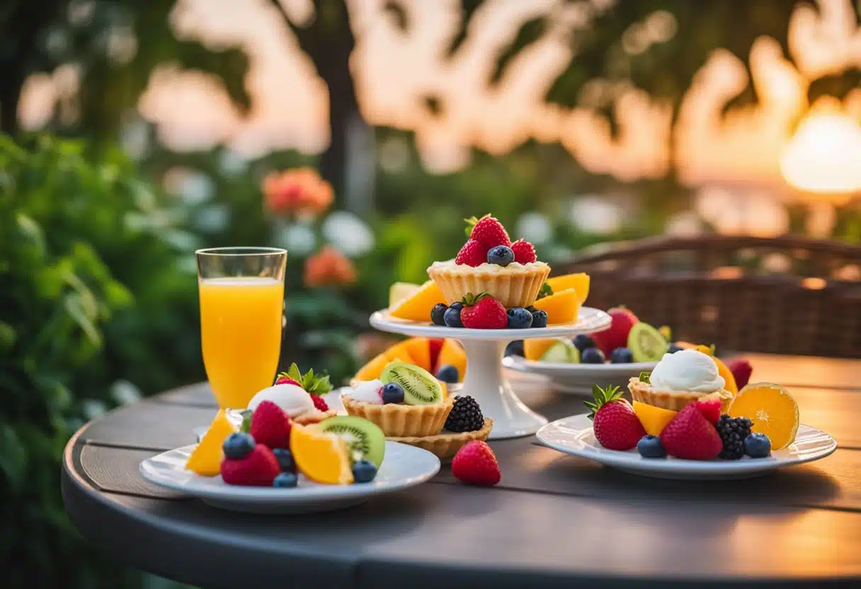 A table set with colorful fruit tarts, creamy ice cream, and refreshing sorbets under a warm sunset, surrounded by lush greenery and vibrant flowers