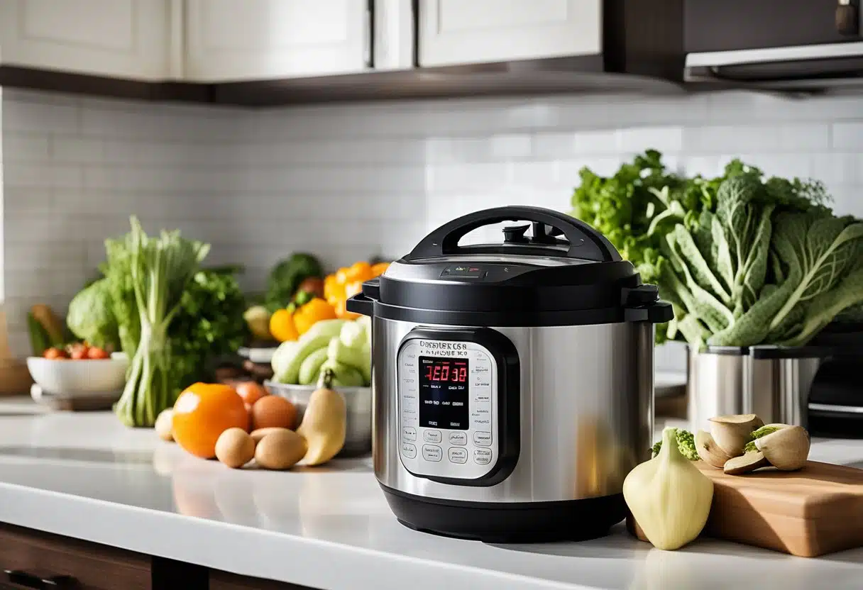 The Instant Pot sits on a clean, bright kitchen counter surrounded by fresh summer produce and a stack of recipe books. A ray of sunlight shines through the window, highlighting the appliance