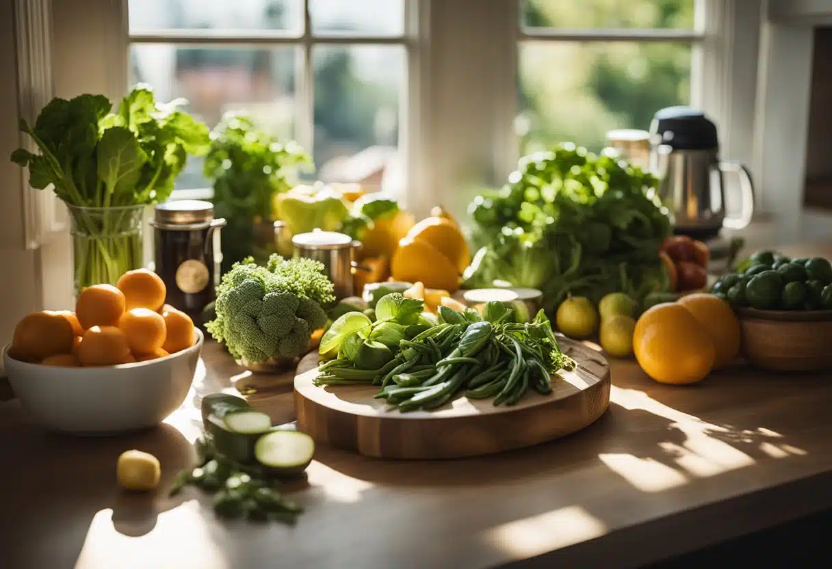 A kitchen counter with fresh summer produce, an Instant Pot, and various ingredients laid out for a recipe. Sunlight streams in through the window, creating a warm and inviting atmosphere