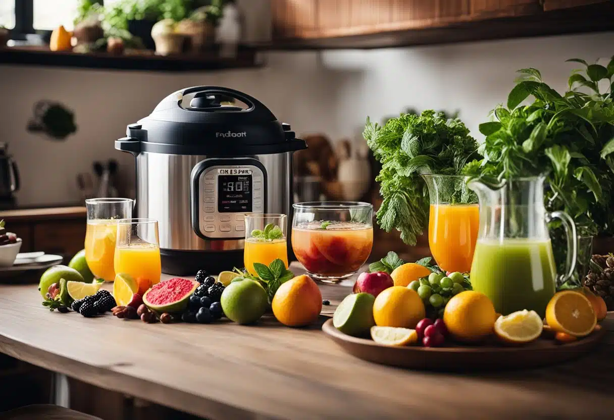 A table set with colorful drinks and beverages, surrounded by fresh fruits and herbs, with an instant pot simmering in the background