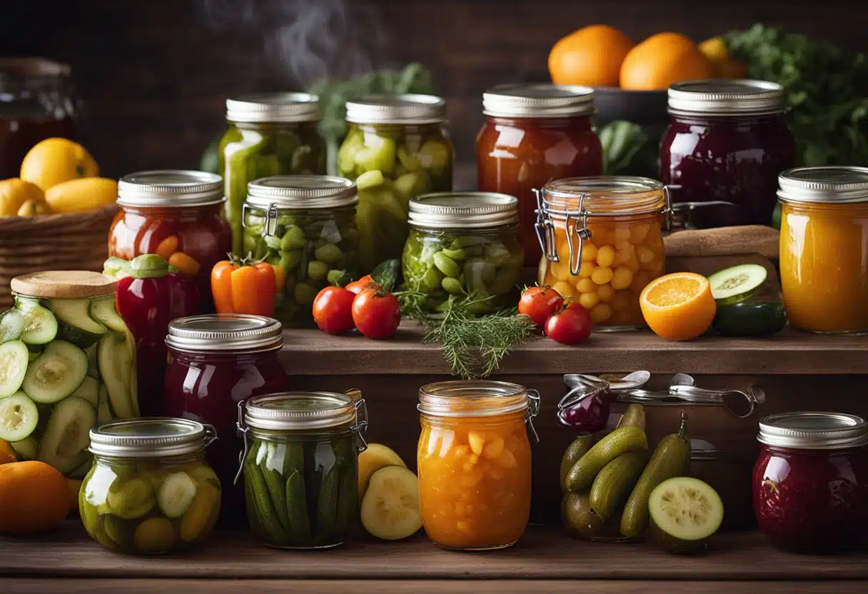 Fresh fruits and vegetables arranged in baskets, surrounded by jars of homemade jams and pickles. An Instant Pot sits on the counter, steam rising from a pot of simmering preserves