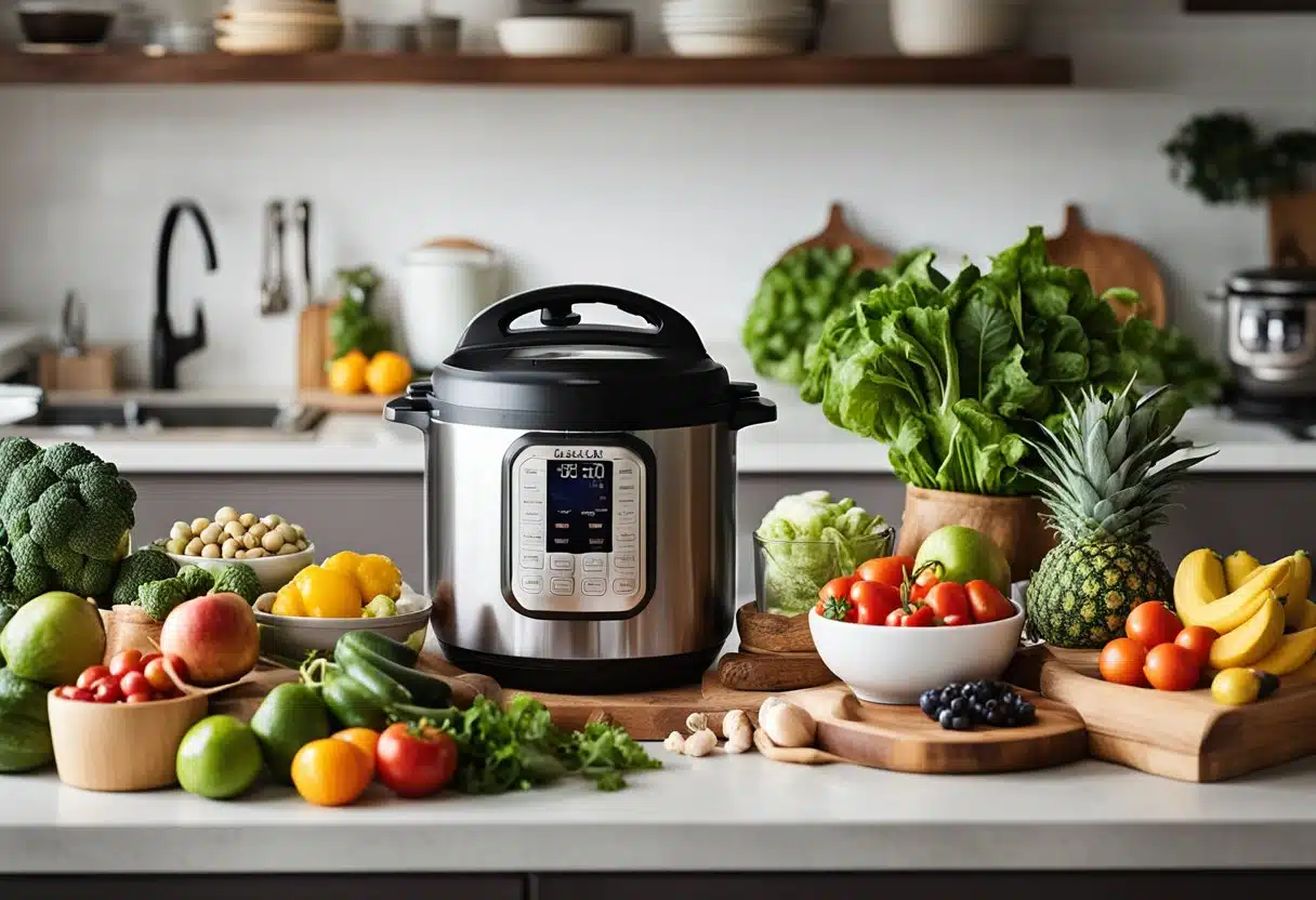 A colorful kitchen counter with fresh summer produce, a steaming Instant Pot, and a variety of recipe ingredients spread out for easy access