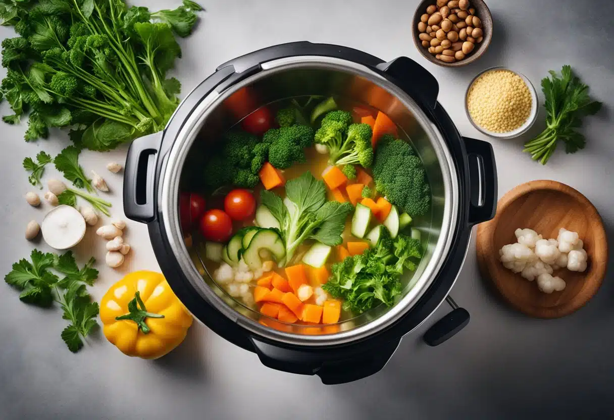 Fresh vegetables and herbs surround an Instant Pot, steam rising from a bubbling pot of summer soup. Bright colors and vibrant ingredients create a visually appealing scene