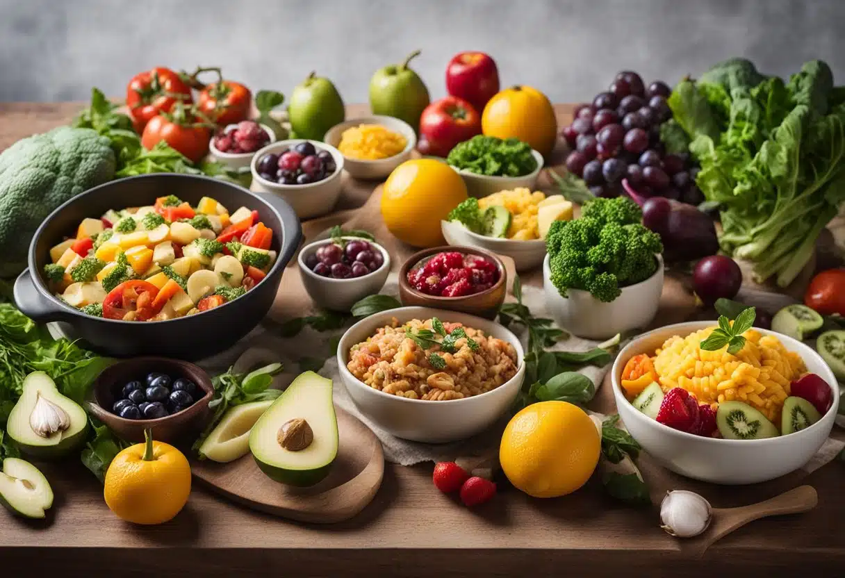 A table set with various colorful instant pot side dishes, surrounded by vibrant summer fruits and vegetables. The steam from the instant pot adds a sense of movement and freshness to the scene