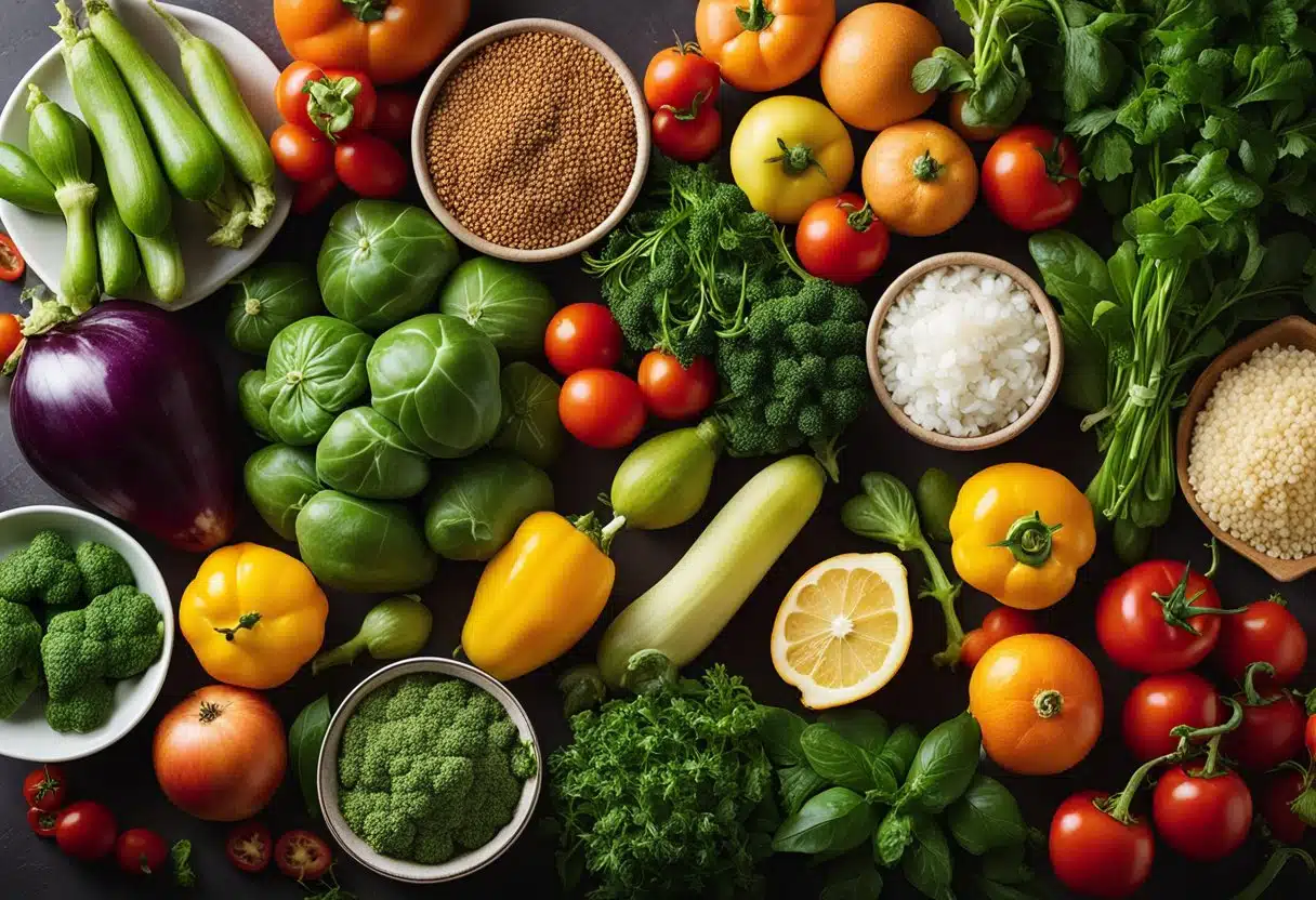 A colorful array of fresh summer vegetables and fruits, alongside various herbs and spices, surround an Instant Pot on a sunlit kitchen countertop