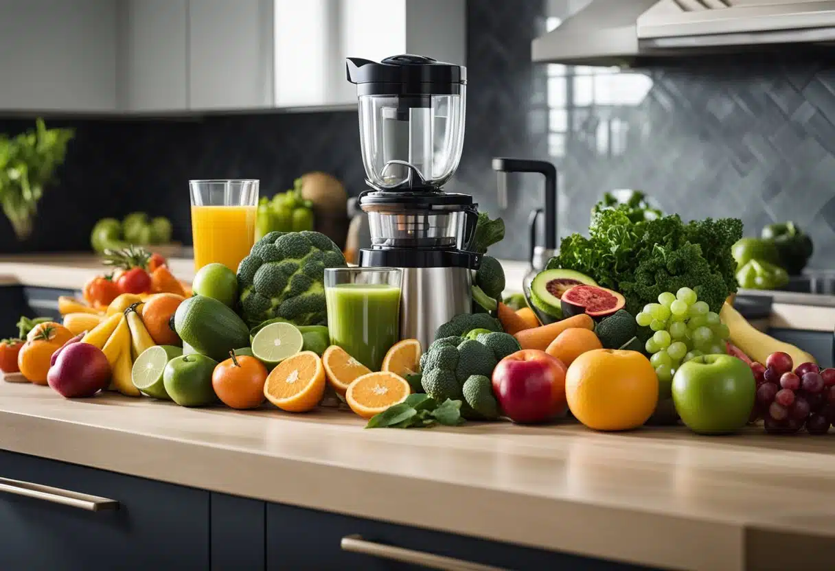 A colorful array of fresh fruits and vegetables arranged on a kitchen counter, with a juicer and glass bottles ready for creating detox juice recipes