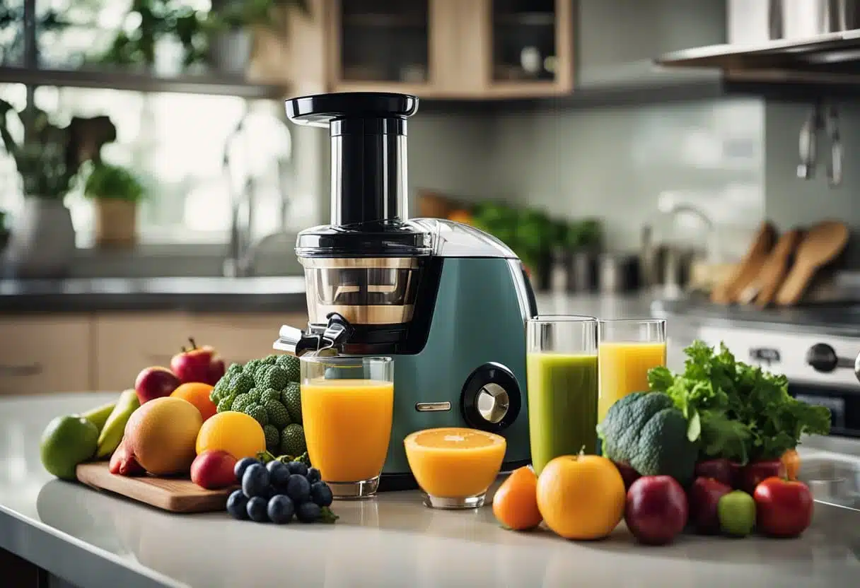 A table with assorted fruits and vegetables, a juicer, and glass bottles filled with colorful detox juices