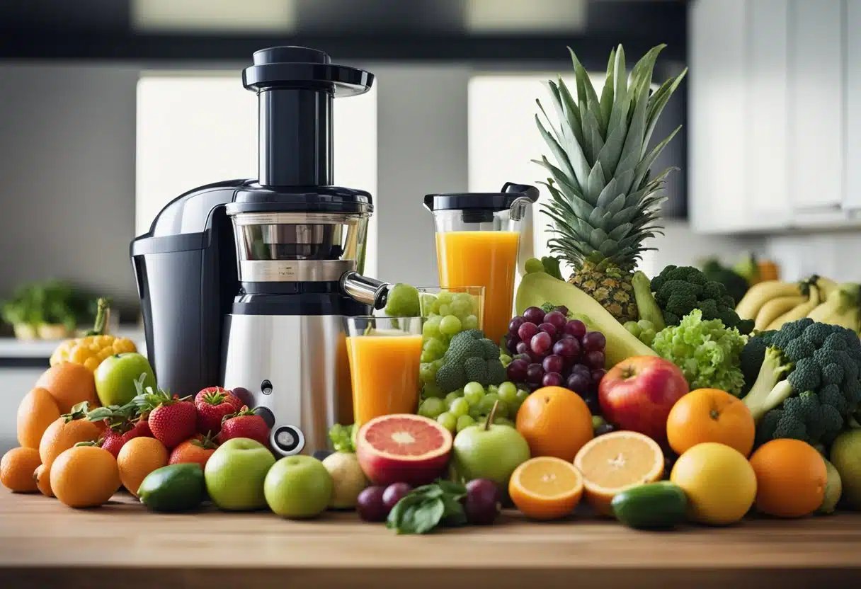 A colorful array of fruits and vegetables arranged around a juicer, with labels indicating specific health benefits such as detoxification and rejuvenation