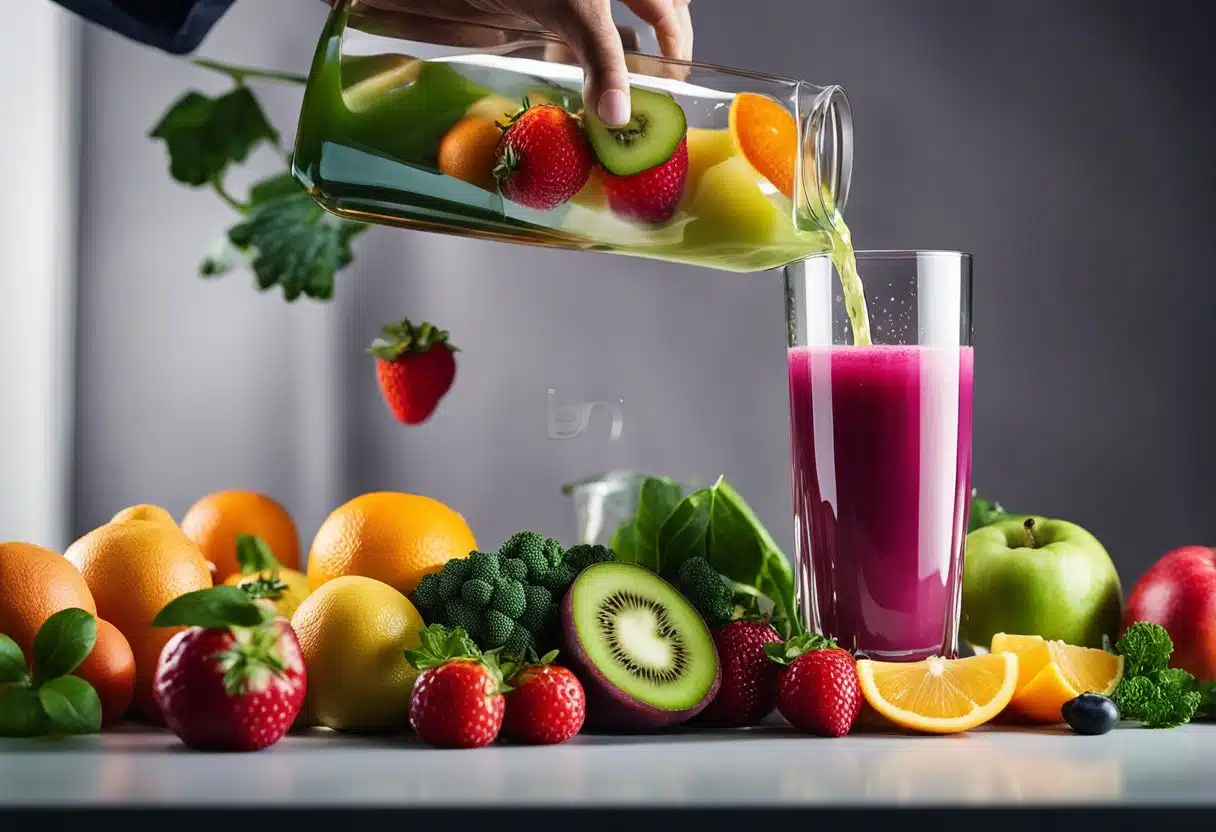 A glass of detox juice being poured into a tall, clear glass, with vibrant fruits and vegetables scattered around the scene