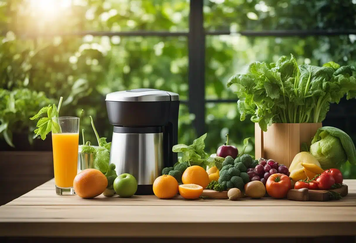 A table with fresh fruits and vegetables, a juicer, and glass bottles. A compost bin and recycling bins nearby. Green plants in the background