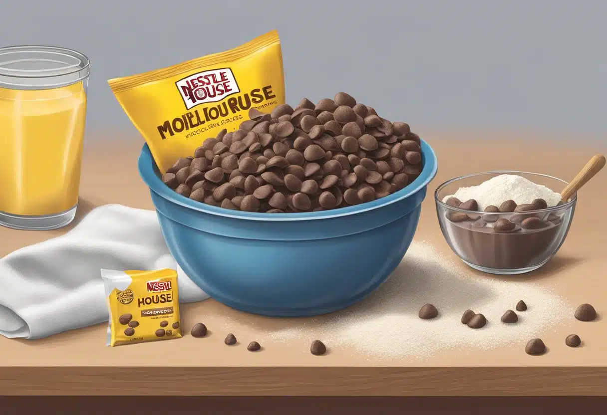 A mixing bowl filled with flour, sugar, and chocolate chips. A bag of Nestle Toll House morsels sits nearby