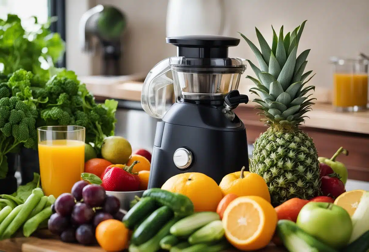 A colorful array of fruits and vegetables, with a juicer and detox recipe book nearby