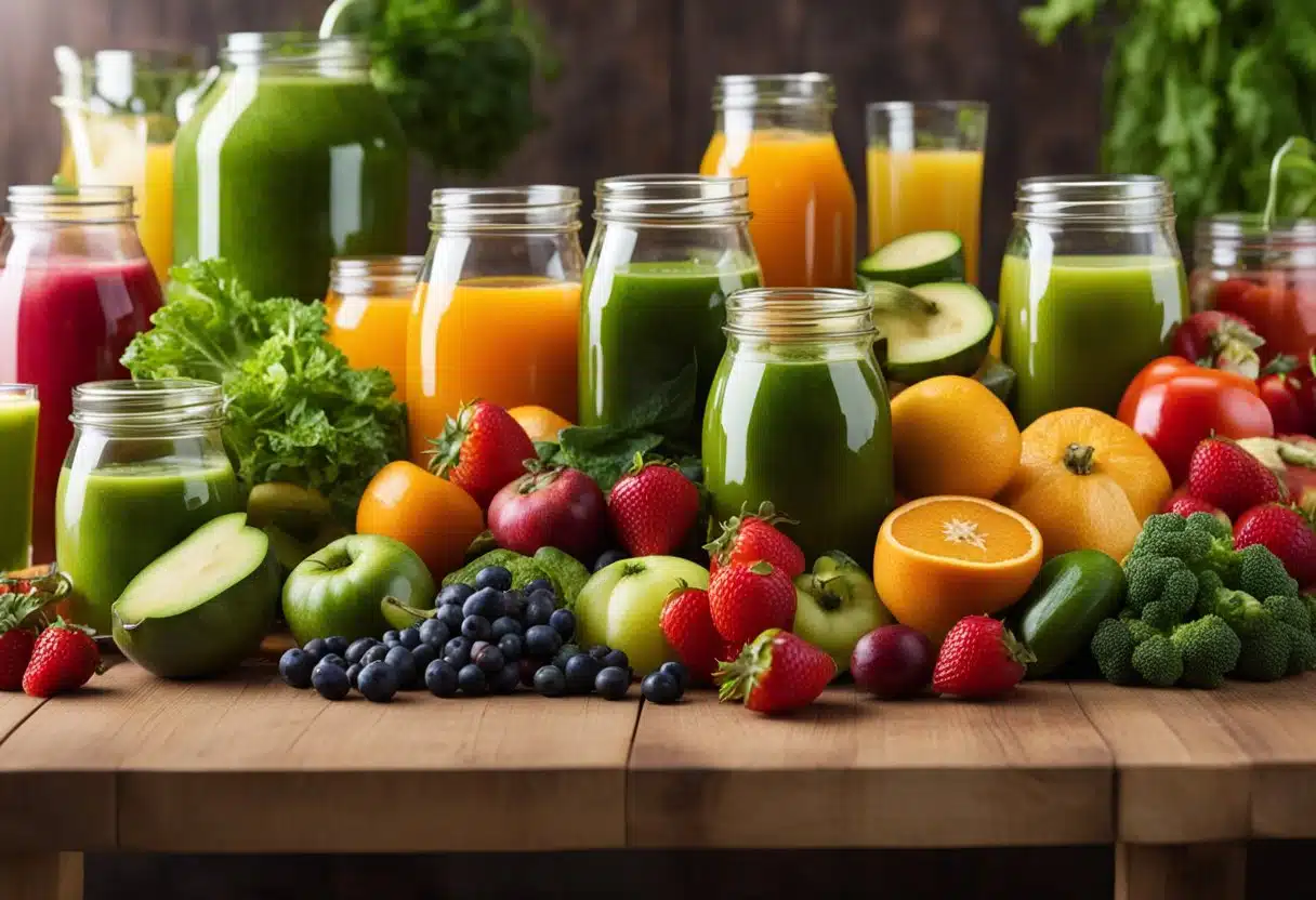 A vibrant array of fresh fruits and vegetables, neatly arranged on a wooden table, with a glass jar filled with colorful detox juice