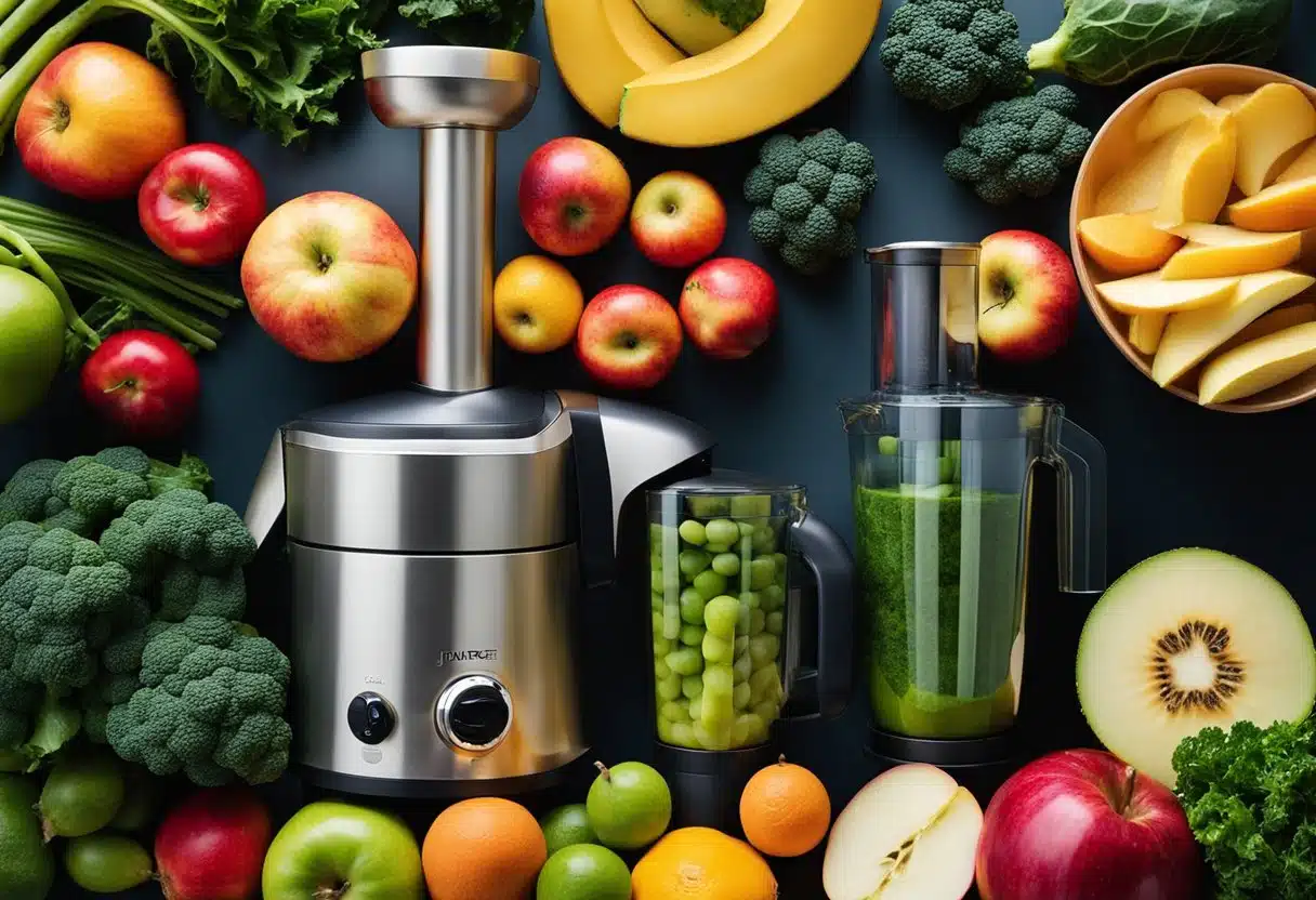 A colorful array of fresh fruits and vegetables, such as kale, apples, and ginger, are being juiced in a modern, sleek juicer