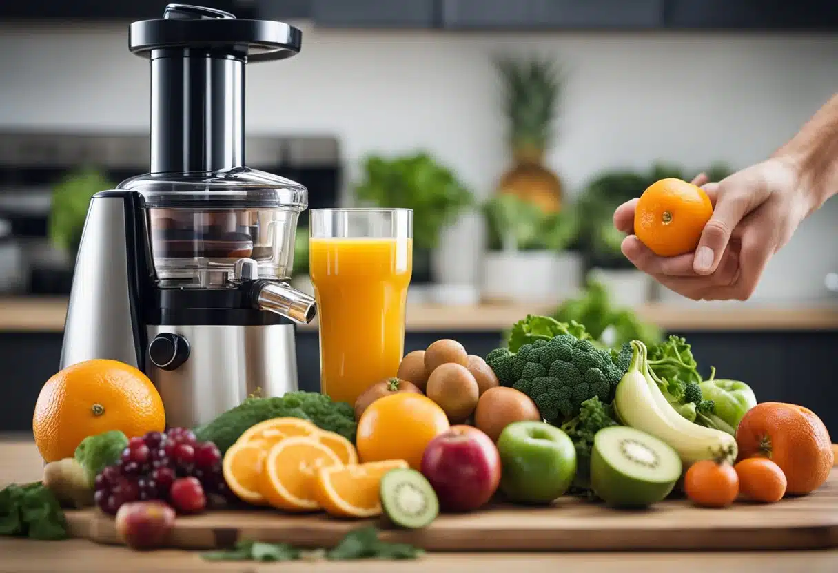 A hand reaching for fresh fruits and vegetables next to a juicer, with a list of juice recipes for weight loss in the background