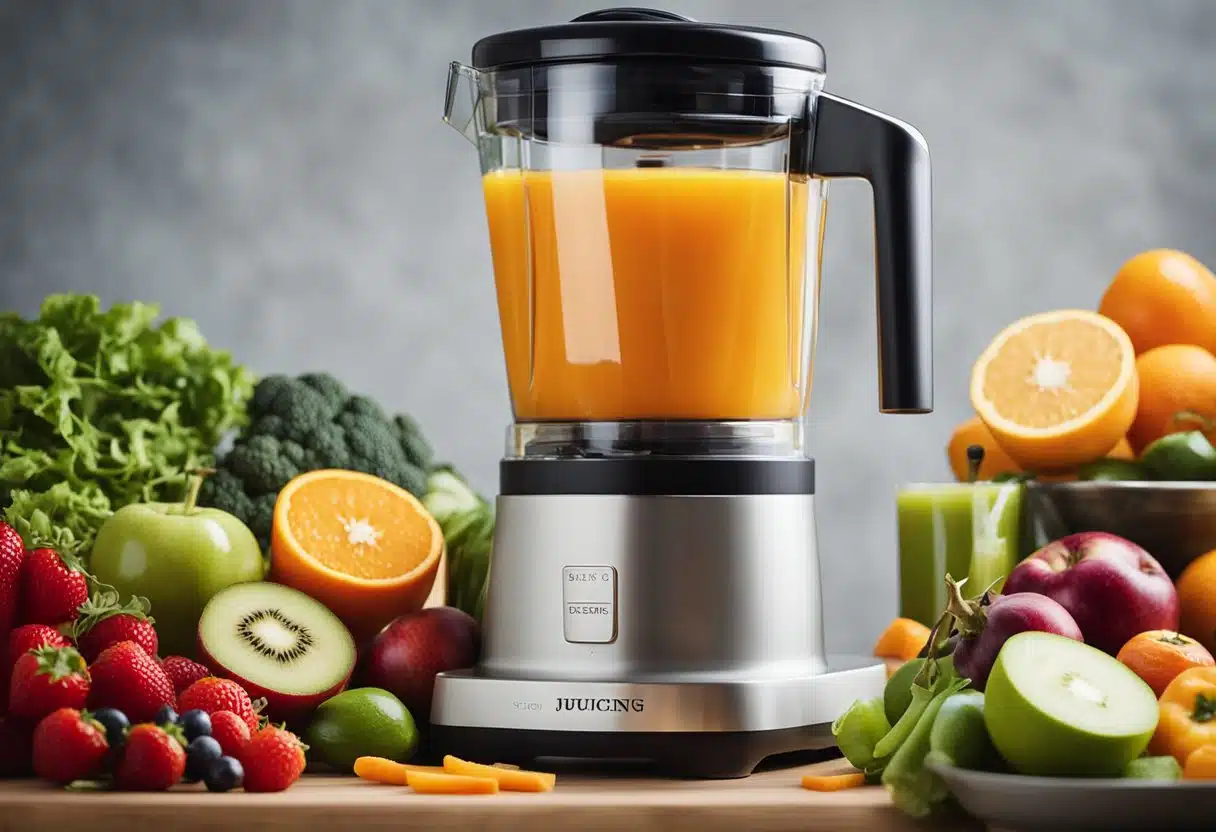 Fresh fruits and vegetables arranged around a sleek juicer, with vibrant liquid pouring into a glass. Text reads "Top Juicing Recipes for Weight Loss."