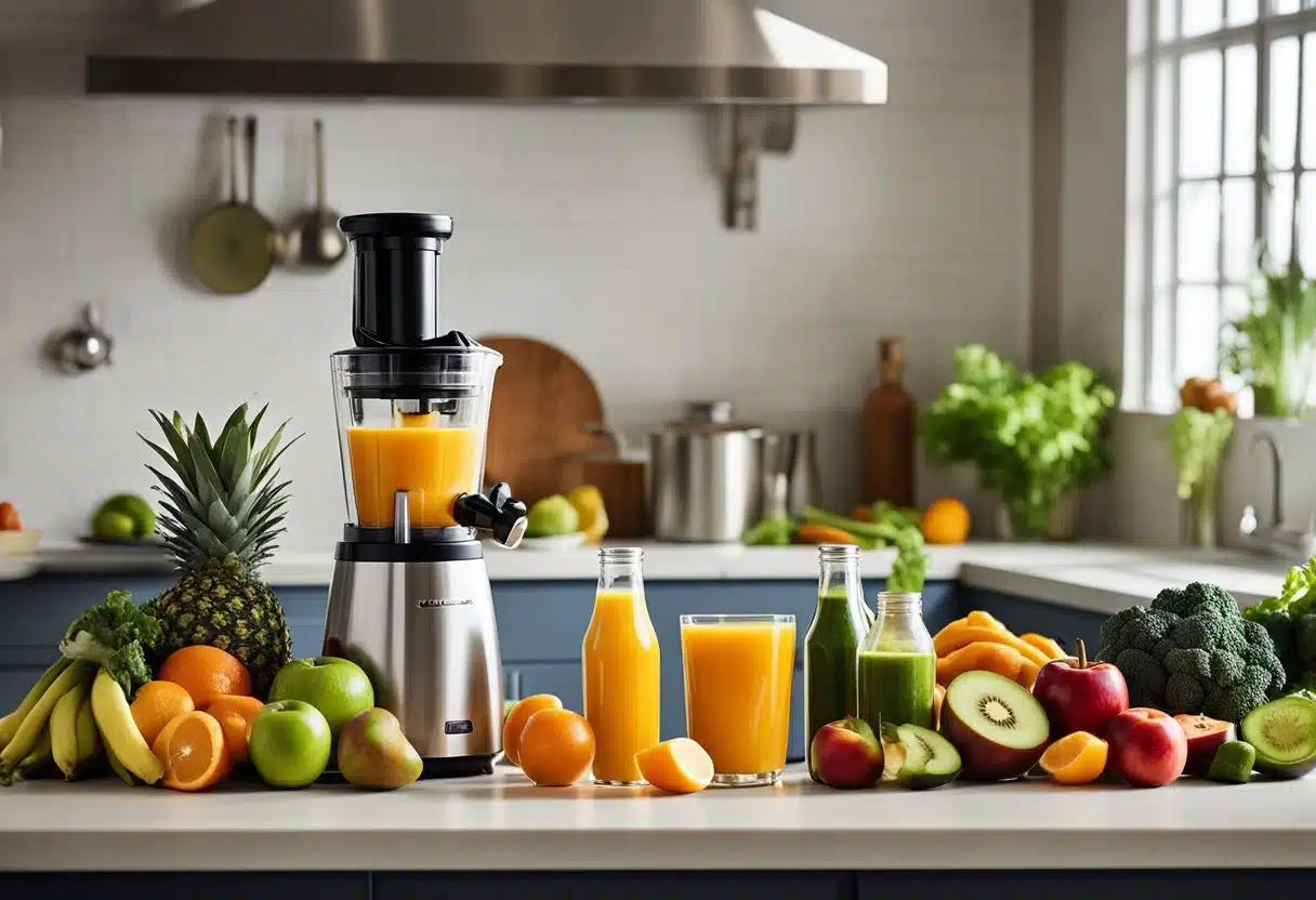 A colorful array of fresh fruits and vegetables, a juicer in action, and a collection of juice recipes for weight loss spread out on a kitchen counter