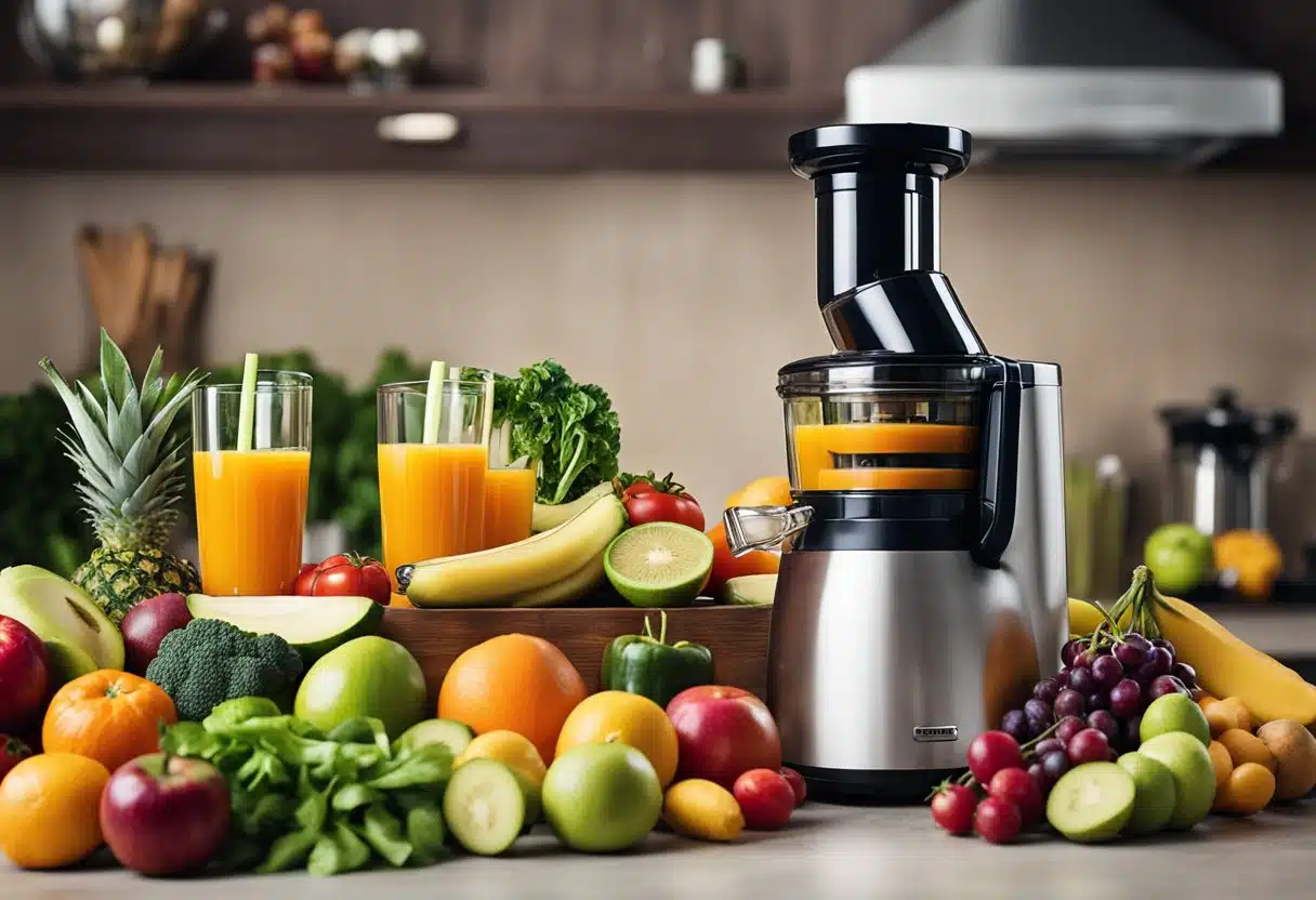 Fresh fruits and vegetables arranged around a sleek juicer, with a colorful assortment of juice recipes and meal plans spread out nearby