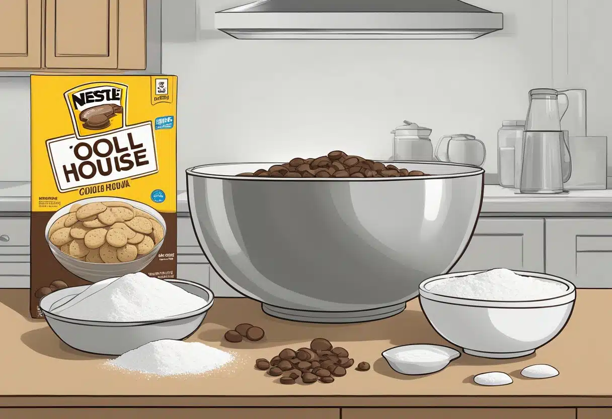 A mixing bowl filled with flour, sugar, and chocolate chips. A bag of Nestle Toll House cookie mix sits nearby, ready to be added