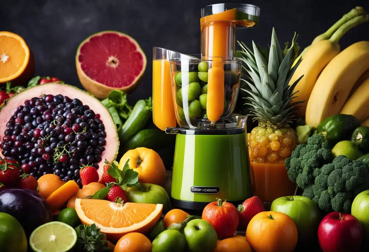 A variety of fresh fruits and vegetables are being juiced in a modern, sleek juicer. The vibrant colors of the produce and the swirling motion of the juice create an enticing and healthy scene