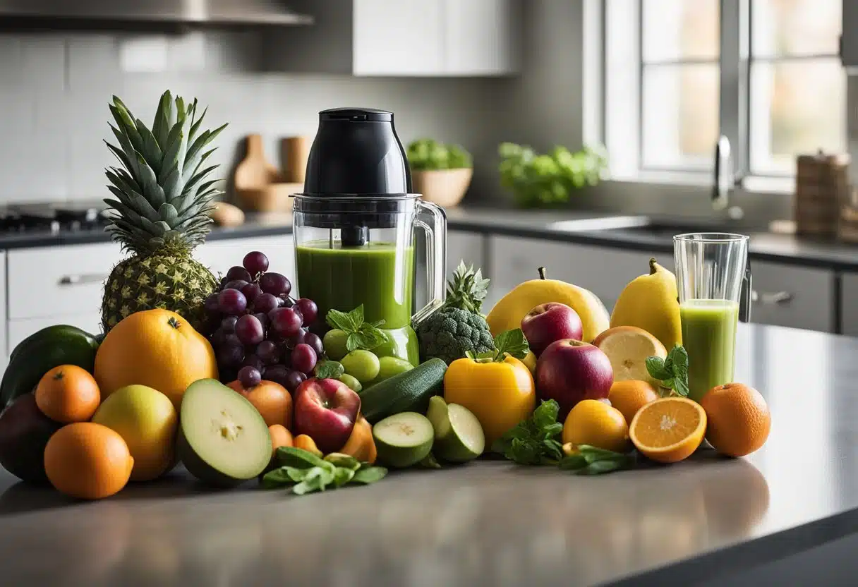 A variety of fruits and vegetables arranged on a kitchen countertop, with a blender and a glass of fresh juice, surrounded by recipe books and a measuring cup