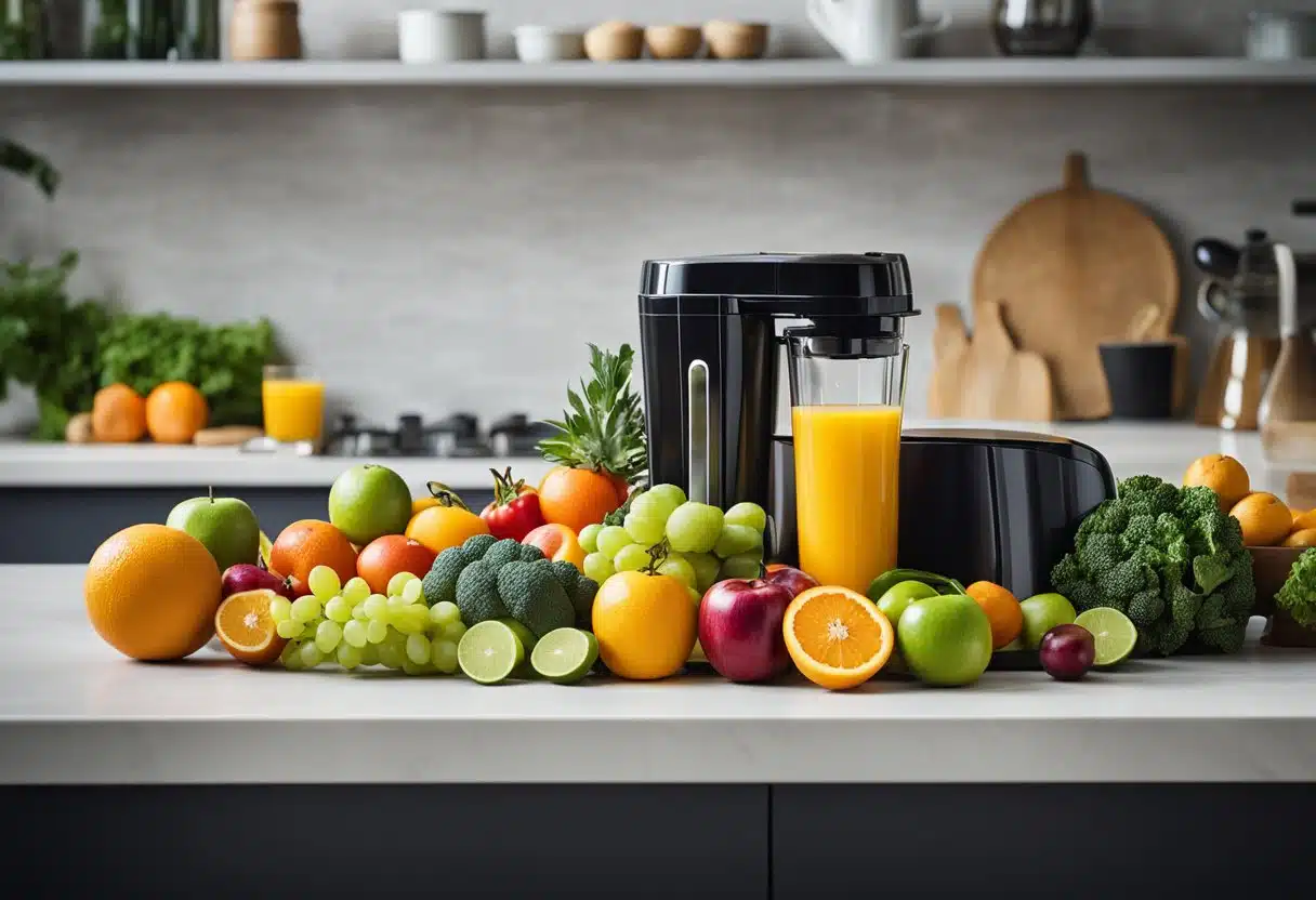 A colorful array of fresh fruits and vegetables, a juicer, and a glass of detoxifying juice on a clean kitchen counter