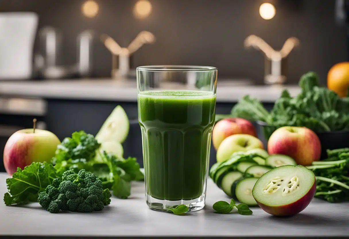 A glass of vibrant green juice surrounded by fresh ingredients like kale, spinach, cucumber, and apples