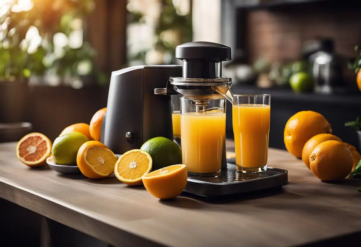 A table with assorted citrus fruits, a juicer, and glasses filled with vibrant citrus juices