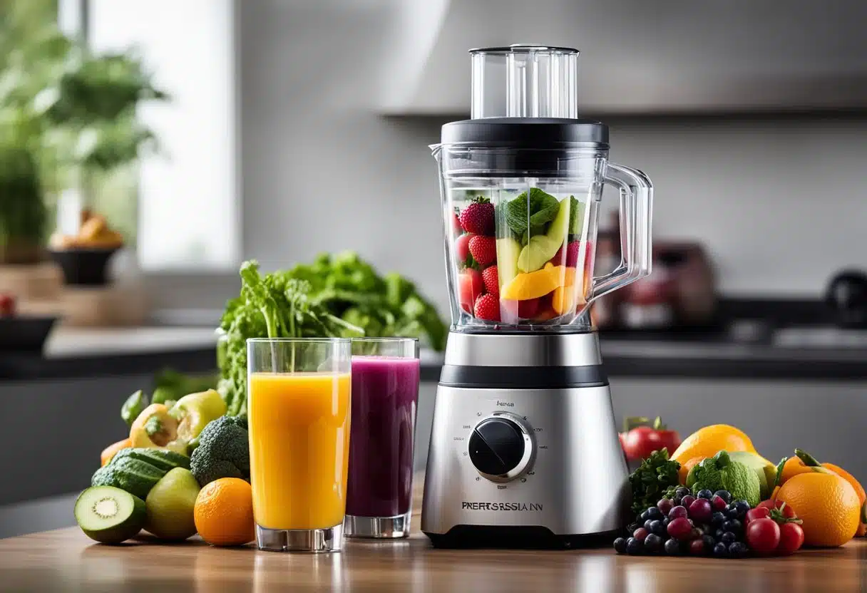 A colorful array of fresh fruits and vegetables, a blender, and a glass of thermogenic juice with steam rising