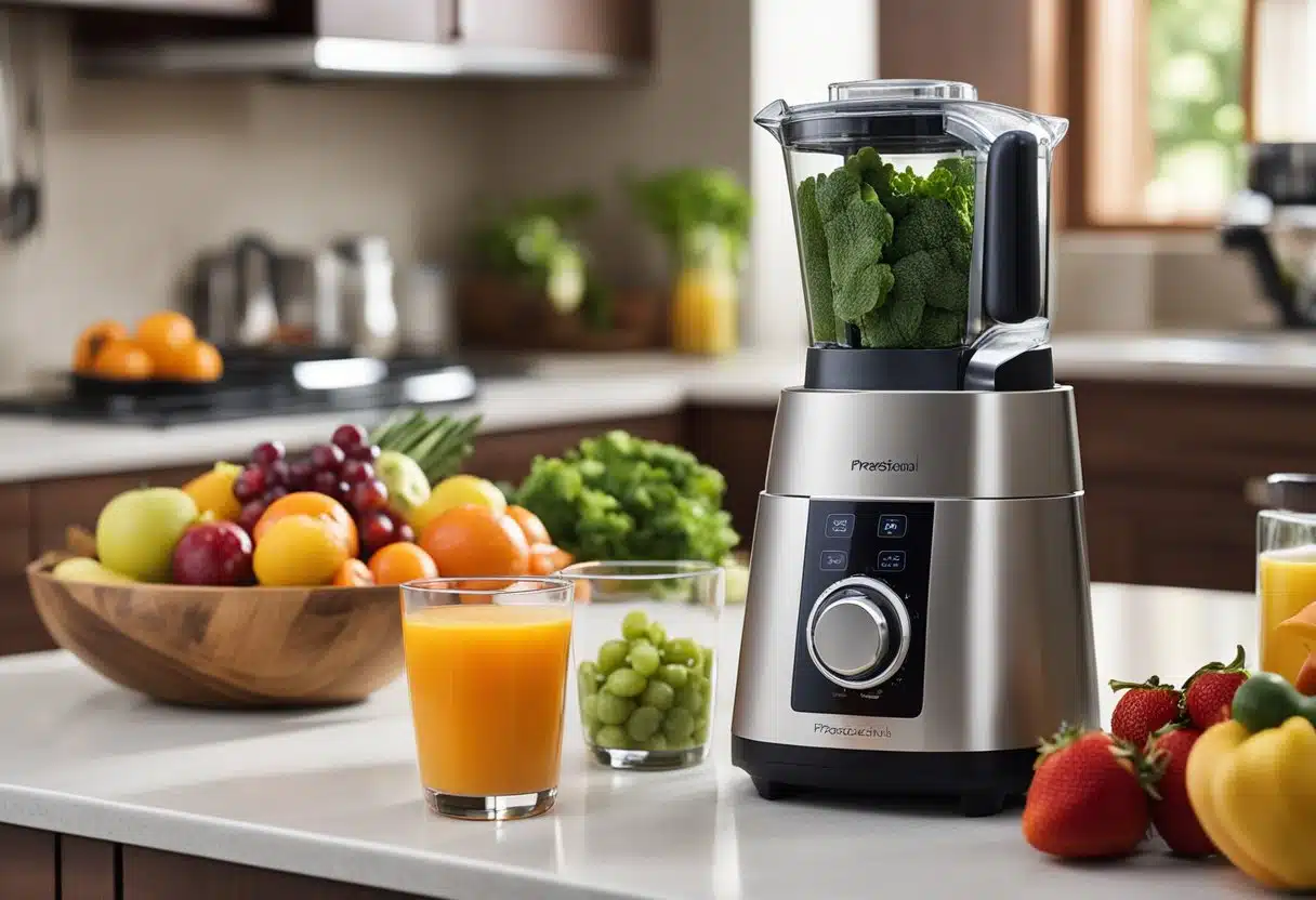 A hand reaches for fresh fruits and vegetables, a measuring cup, and a blender on a clean kitchen counter. Ingredients are carefully selected for juice recipes for weight loss